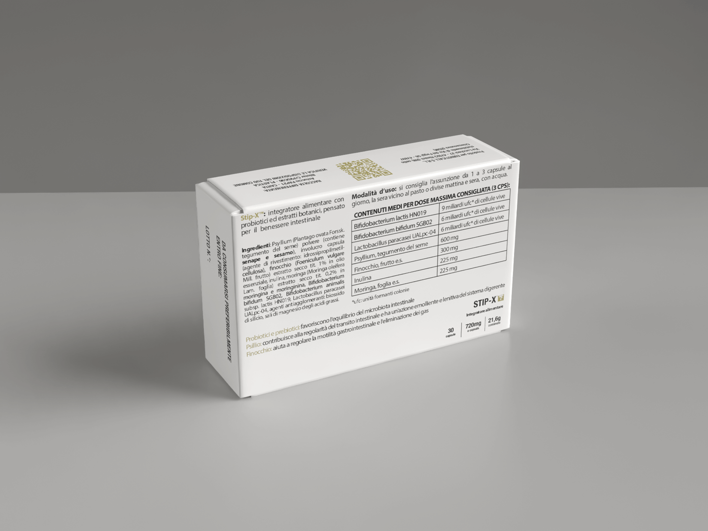 STIP-X® product box containing 30 capsules, usage instructions and nutritional information.